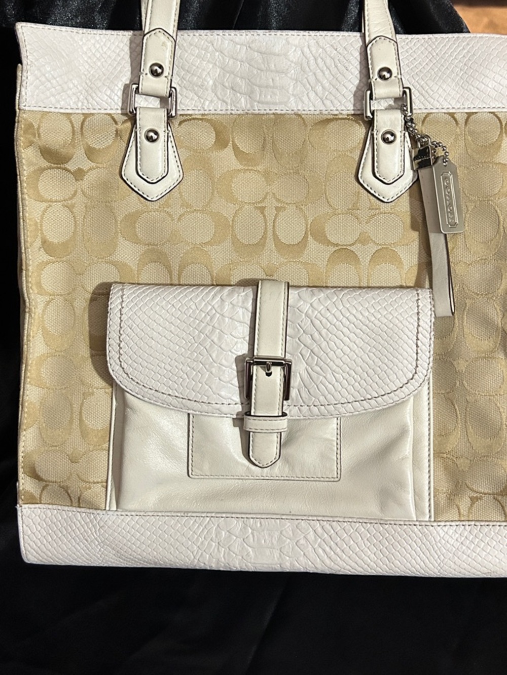 Coach 2014 Charlie Tote with Signature Canvas in Tan and White Python